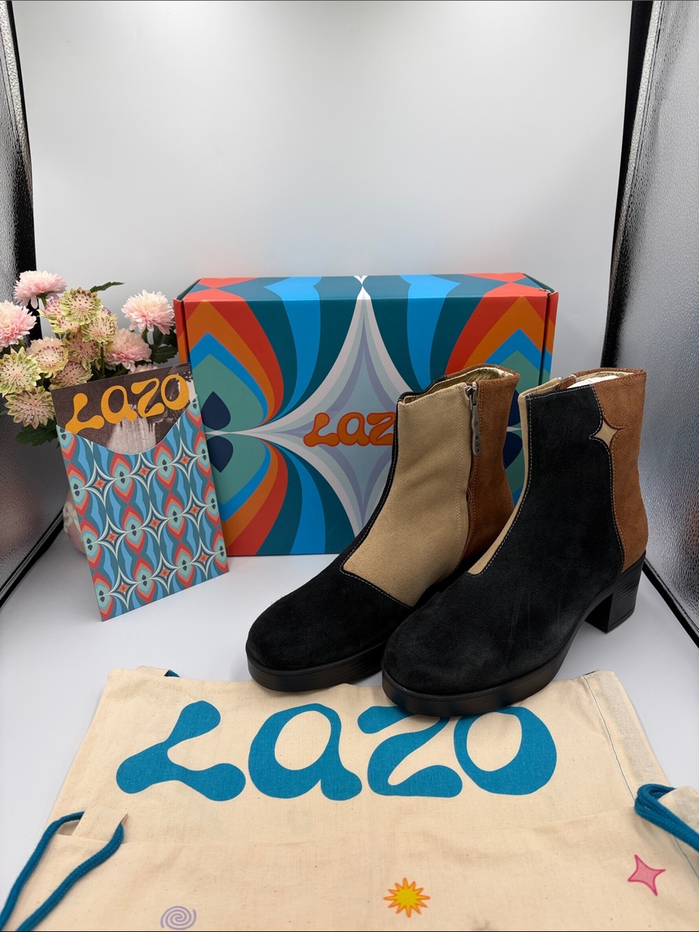 Lazo Three-Tone Suede Ankle Boots - Black, Brown & Tan